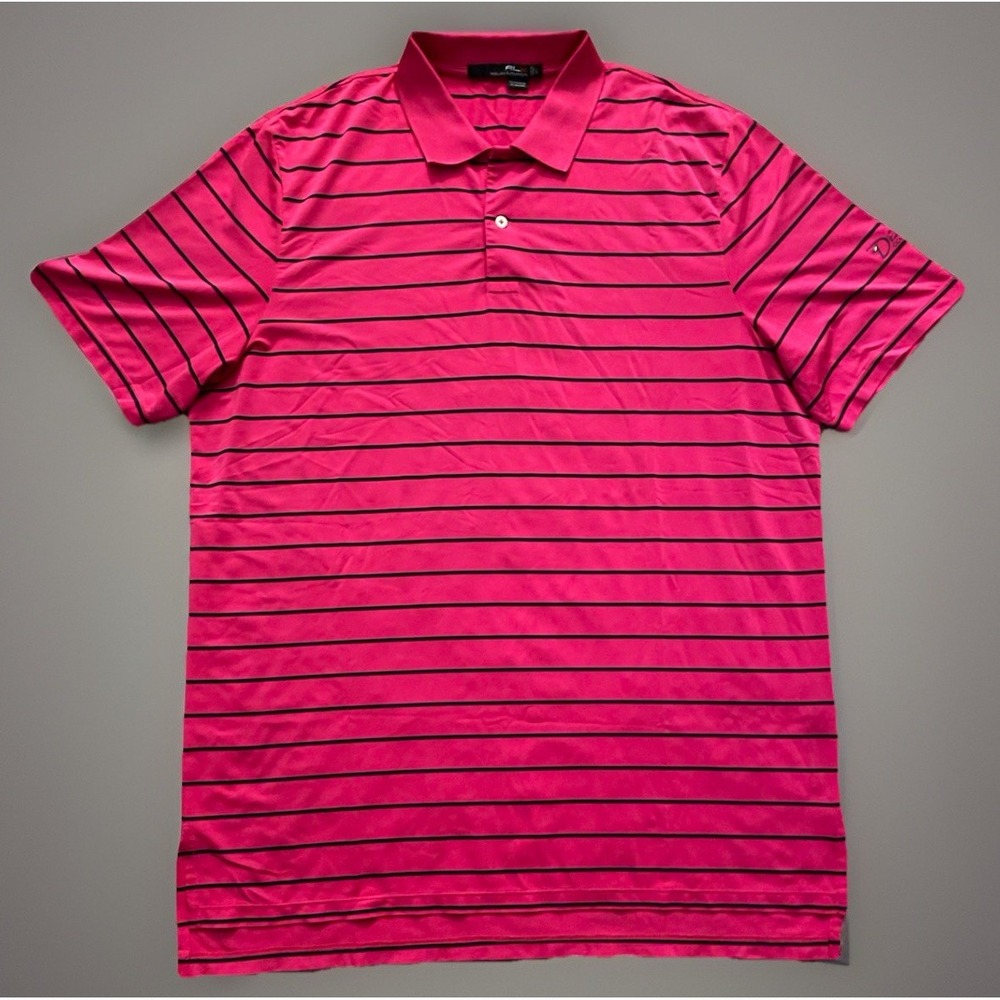 RLX Ralph Lauren Short Sleeve Polo Shirt Pink Striped Embroidered Large JBHS